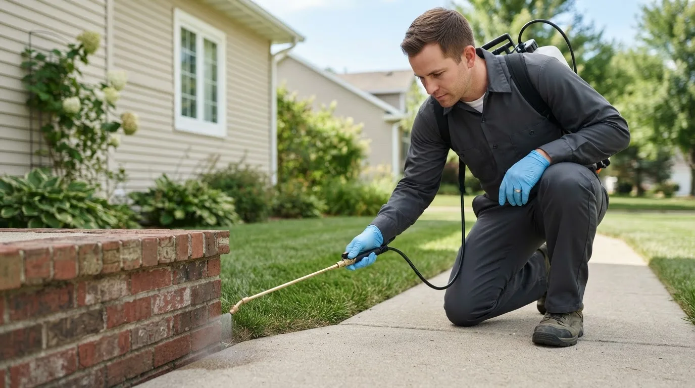 Pest control technician treating a home near Hollister, OK