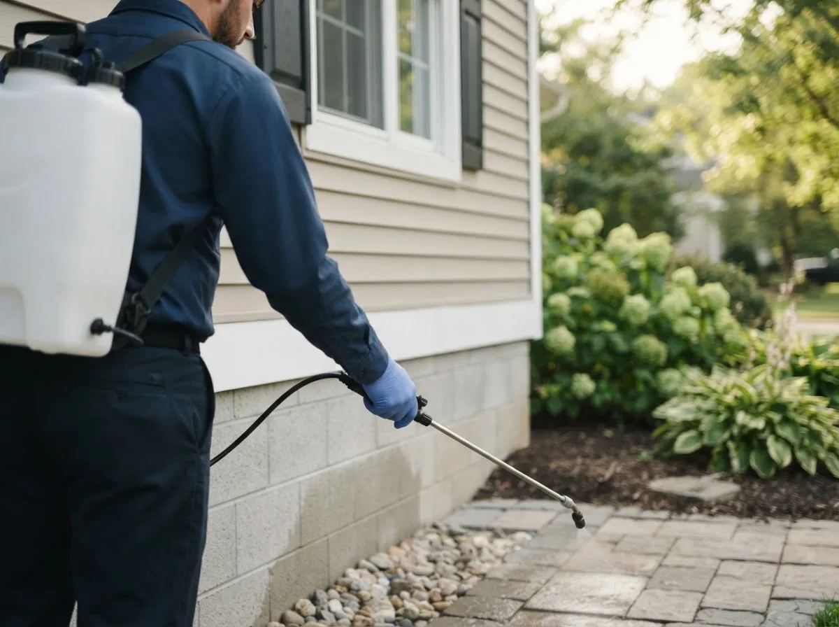 Pest control technician inspecting a home in Hollister, OK